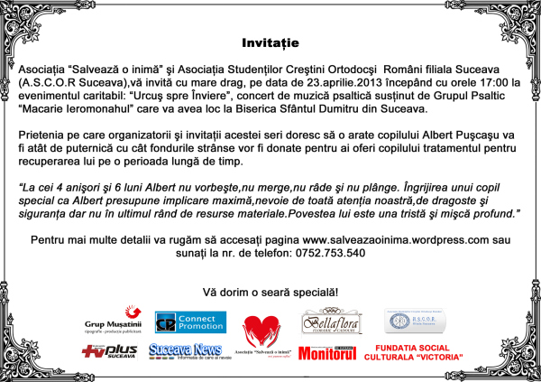 Invitatie La Concert Caritabil Ajuta L Pe Albert